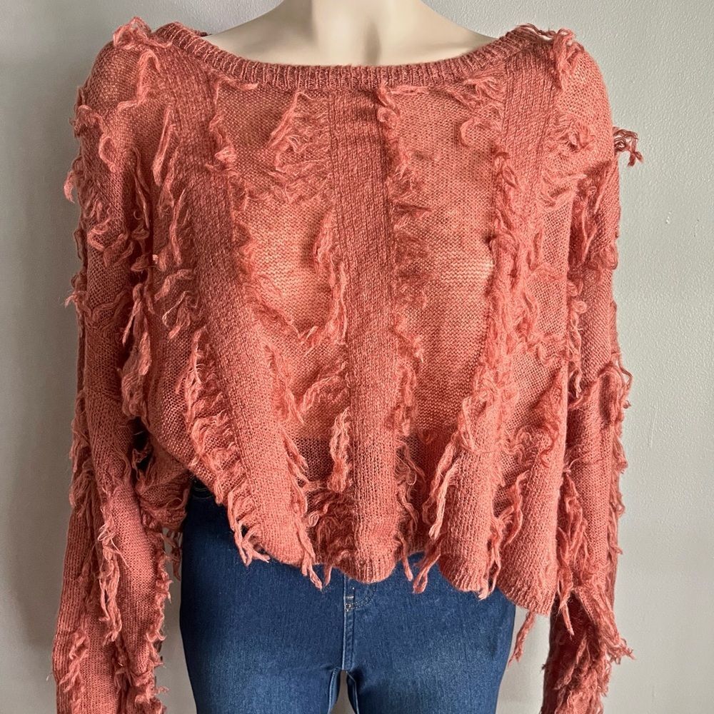 Kerisma Rust Distressed Knit Sweater Cropped Fringe Grunge Boho S/M